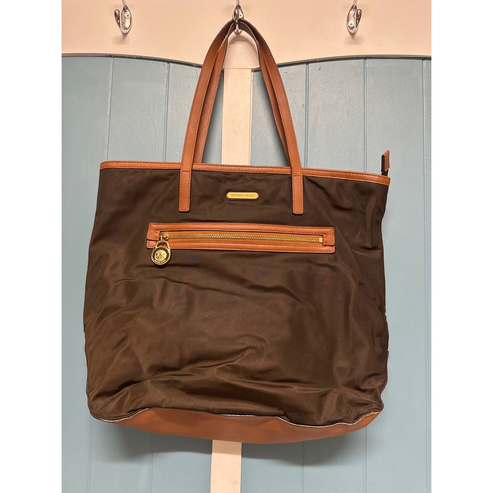 Michael‎ Kors Nylon Leather Trim Tote Bag Brown Gold MK Charm Large